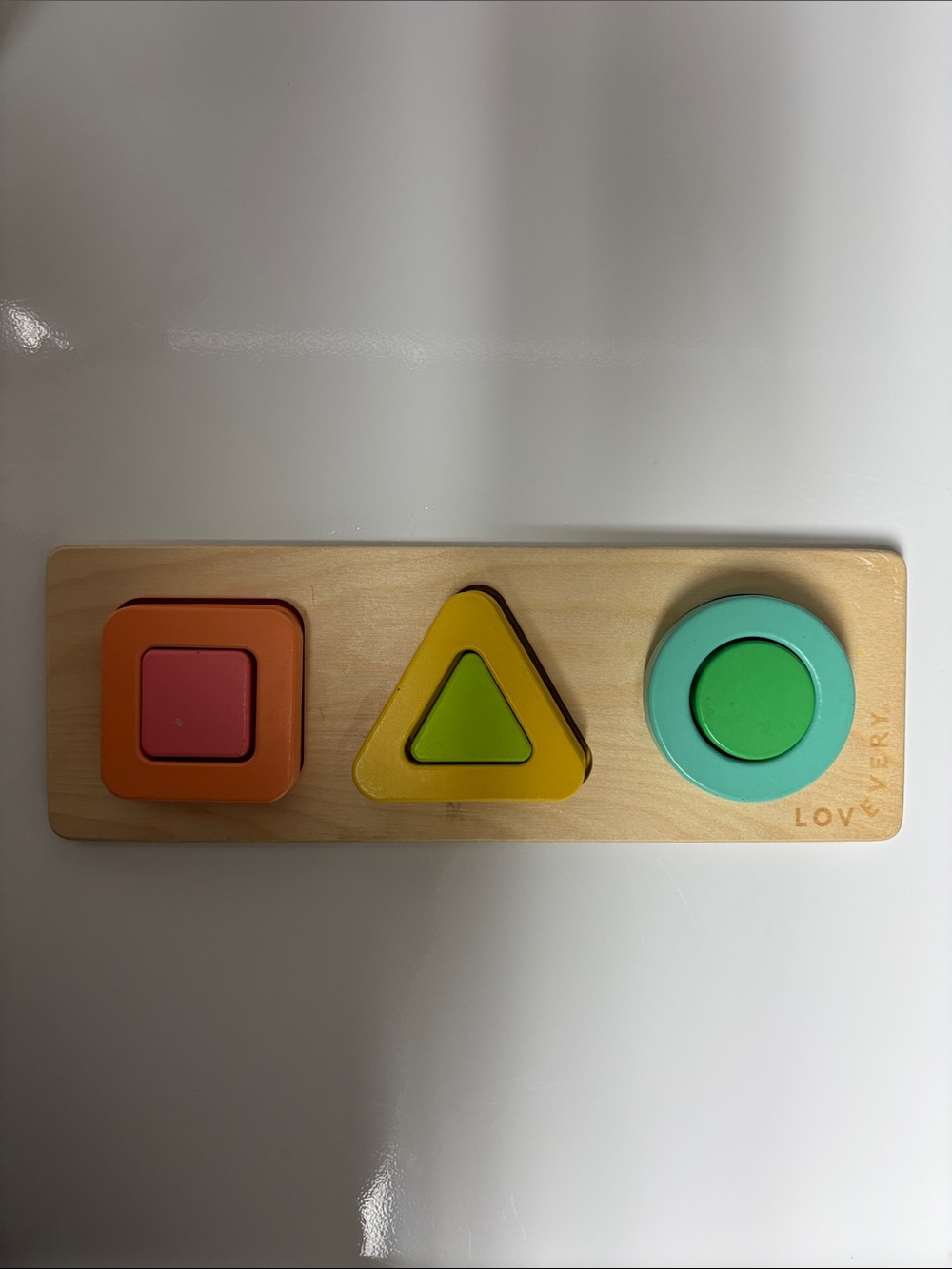 Lovevery Wooden Shape Sorting Board – Orange, Yellow, Teal